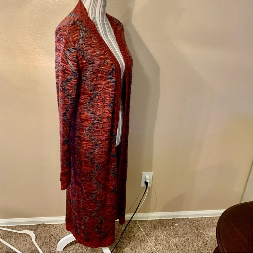 Cato Cardigan Small Open Duster Burgundy Grey Geometric Pattern Ribbed Trim - Picture 5 of 15